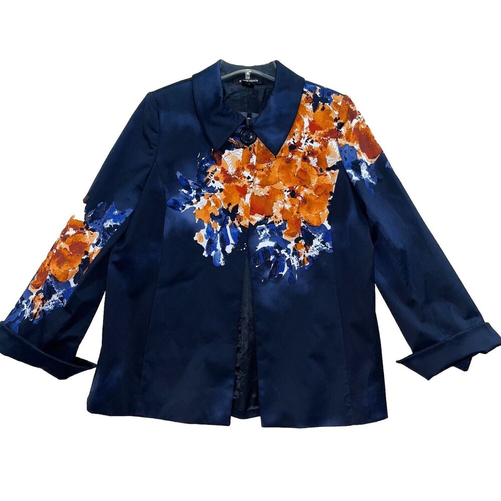 NWT Ellen Tracy Ink Blue Orange Abstract Floral Swing Cotton Blazer Jacket Sz 10